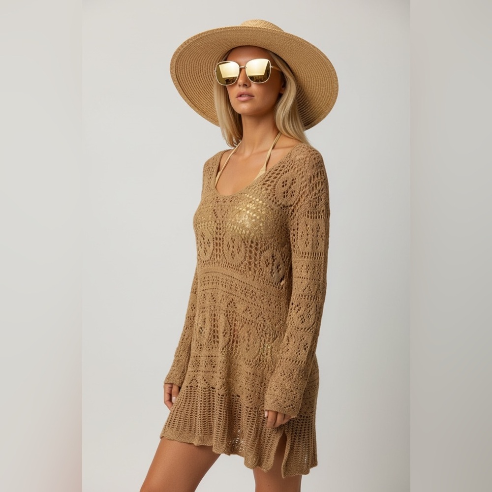 NEW Tan Crochet Knit Cover Up Top Long Sleeve‎ Beach Tunic Medium